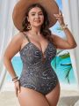 SHEIN Swim BohoFeel Plus Size Full Printed One-Piece Swimsuit With Round Ring Decoration