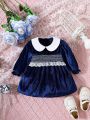 Baby Girl Contrast Collar Flounce Sleeve Lace Trim Peter Pan Collar Smock Dress