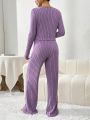 SHEIN Essnce Ladies' Fashionable Purple Ribbed Two-Piece Outfit