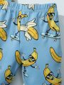 SHEIN 2pcs/Set Casual And Cute Banana & Skateboard Printed Short Sleeve T-Shirt And Shorts Home Wear For Young Boys