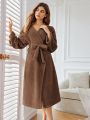 Teddy Bear Design Belted Drop Shoulder Long Robe