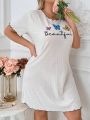 Plus Size Women's Butterfly & Letter Print Short Sleeve Nightgown