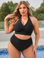 SHEIN Swim Vcay Plus Size Women's Solid Color Halter Neck Tie Swimsuit Set