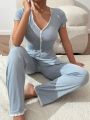 Women'S Lace Patchwork Mesh Short Sleeve Top & Pants Pajama Set