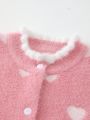 Young Girl Heart Pattern Frill Trim Fuzzy Cardigan