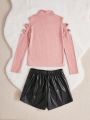 SHEIN Kids FANZEY Girls' Two-piece Set Of Knitted Solid Color Stand-up Collar Fitted Top And Woven Pu Leather Skirt