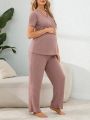 Maternity Striped Short Sleeve Top And Long Pants Homewear Set