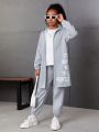 SHEIN Kids Cooltwn Tween Girl Slogan Graphic Drop Shoulder Hooded Coat & Sweatpants Without Tee