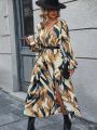 SHEIN LUNE All-Over Printed Lantern Sleeves And High Slit Dress