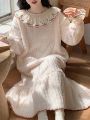 Women's Floral Embroidery Plush Sleepwear Dress With Lotus Leaf Edge