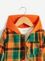 SHEIN Kids Academe Little Boys' Classic Plaid Hooded Shirt With Patchwork, Versatile