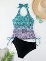 SHEIN Swim Classy Women'S Printed Vest-Style Bikini Swimsuit, Mature And Charming Style