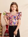 SHEIN Kids Nujoom Tween Girls' Slim Fit Cute Floral Print Bubble Sleeve Shirt With Square Neckline For Vacation