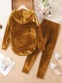 Teen Girls' Street Style Casual Velvet Hooded T-shirt And Long Pants Set For Party