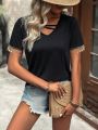 Patchwork Lace V-neck Short Sleeve Casual T-shirt