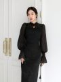 SHEINNeu New Chinese Style Buttoned Mesh Net Spliced Dark Floral Brocade Stand Collar Women's Shirt