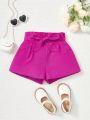 SHEIN Kids FANZEY Big Girls' Woven Solid Color Loose Elegant Shorts For Spring And Summer