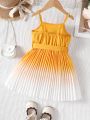 SHEIN Kids CHARMNG Young Girl's Pleated Hemline Dress With Waist Belt, Suitable For Romantic & Elegant Style