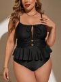 SHEIN Swim Chicsea Plus Size One-Piece Swimsuit With Circular Decoration And Ruffled Hem