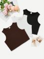 SHEIN Kids FANZEY Teenage Girls' 3pcs Set Round Neck Vest Tops