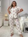 Plus Size Bear Printed Lapel Collar Pajama Set