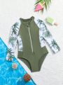 Young Girl Tropical Printed Rash Guard Swimsuit