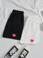 SHEIN Kids EVRYDAY Tween Girls Knitted Heart Pattern Loose Fit Casual Shorts 2pcs/Set