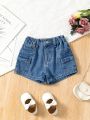 Girls' Mid Washed Blue Denim Shorts With Folded Hem