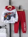SHEIN Kids Cooltwn 2pcs/set Toddler Boys' Fun Truck Pattern Printed Long Sleeve Hoodie And Pants Set, Sports, Spring And Autumn