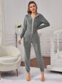 3D Ear Design Hooded Zipper Flannel Lounge Jumpsuit