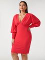 MOCHEI Plus Plunging Neck Drawstring Sleeve Bodycon Dress