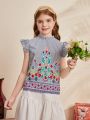 SHEIN Kids Nujoom Girls' Casual And Fit Flower Print Striped Flying Sleeve Shirt With Peter Pan Collar