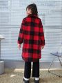 SHEIN Tween Girl Buffalo Plaid Print Drop Shoulder Flap Pocket Fleece Coat