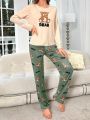 Bear Print Long Sleeve T-Shirt And Long Pants Pajama Set