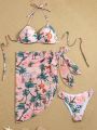 SHEIN Swim Vcay Women'S Printed Halter Neck Separated Bikini Set With Plant Pattern