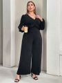 SHEIN Privé Plus Size Spring And Summer Clothing New Style Shiny Fabric Party Elegant Ruffled Long Sleeve Wide Leg Jumpsuit