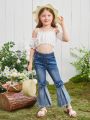 Toddler Girls' Gradient Washed Denim Flared Jeans With Bowknot & Fringed Edge