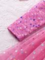 SHEIN Kids CHARMNG Little Girls' Imitation Bead & Floral Print & Glitter Mesh Dress