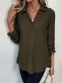 Roll Tab Sleeve Half Button Blouse