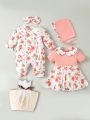 SHEIN Newborn Baby Girls' Flower Patterned Gift Box Set, Including Romper, Headband, Shoes And Socks