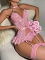 Women's Lace Spliced Sexy One-Piece Underwear 3-Piece Set Valentine's Day