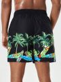 Men'S Coconut Tree & Cartoon Printed Beach Shorts With Slanted Pockets