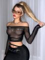 SHEIN ICON Women'S Rhinestone Letter Pattern Mesh Off Shoulder Top