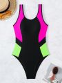 SHEIN Swim Basics Women's Contrast Color One-Piece Swimsuit