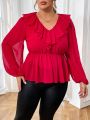 SHEIN Privé Plus Size V-Neck Lantern Sleeve Blouse With Ruffle Trim