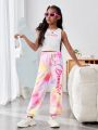 SHEIN Kids Cooltwn Tween Girls' Casual Street Style Sleeveless Knit Top With Round Neckline And Elastic Waist Jogger Pants