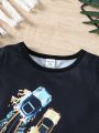 2pcs Baby Boy Spring Summer Outfits, Casual Cool Black Printed Tee And Shorts With Cute Car Print