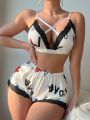 Women's Letter Printed Lace Insert Cami & Panty Set