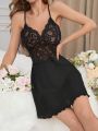 Lace Spliced Spaghetti Strap Nightgown For Women