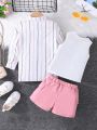 SHEIN Kids Nujoom 3pcs/Set Toddler Girls' Casual Vest Top With Letter Print + Striped Shirt + Shorts